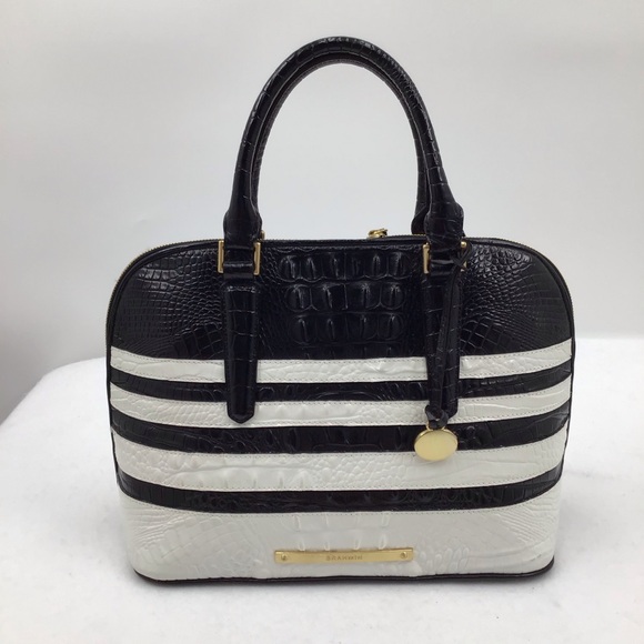 Brahmin Black and White Striped Croc-Embossed Satchel - Picture 1 of 14